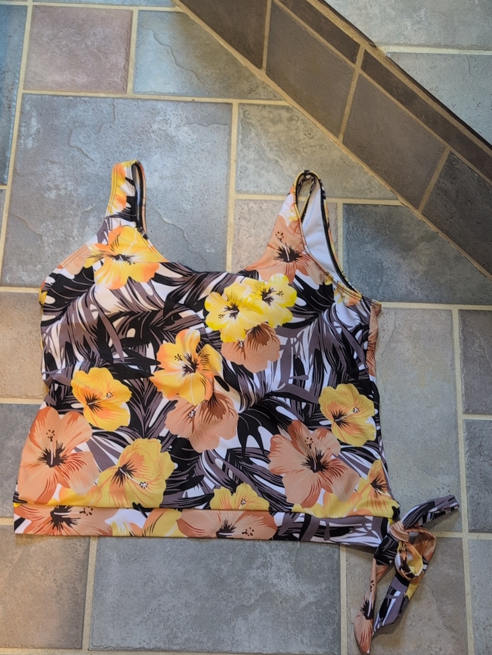 Floral Tie-Hem Tankini Swim Suit Top in Yellow & Brown